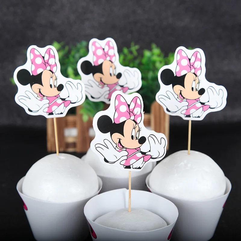 12pcs Wrappers + 12pcs Toppers Minnie Mouse Colored Paper Cupcake Cake Kids Birthday Party Decorations Supplies