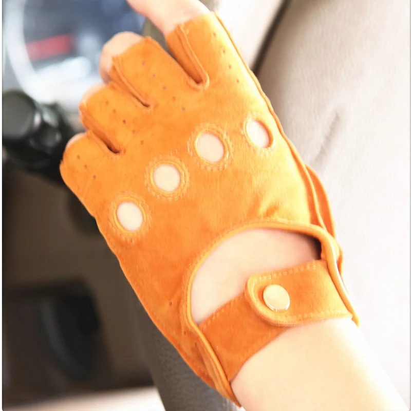 Summer Women's Genuine Leather Gloves Sheepskin Suede Semi-Finger Gloves Anti-Slip Breathable Driving EL099