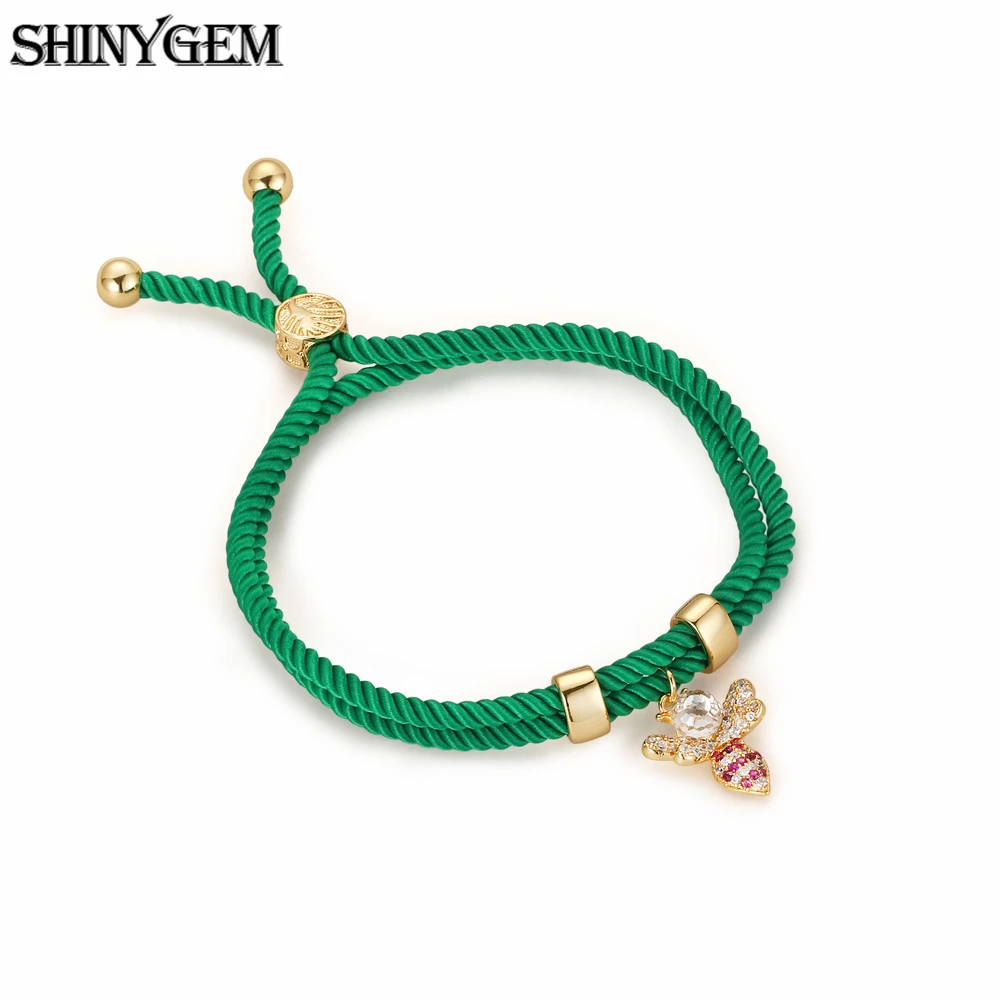 

ShinyGem Lovely Cute Crystal Zircon Bee Charm Bracelet Double Loop Handmade Adjustable Green/Pink Braid Rope Bracelets For Women