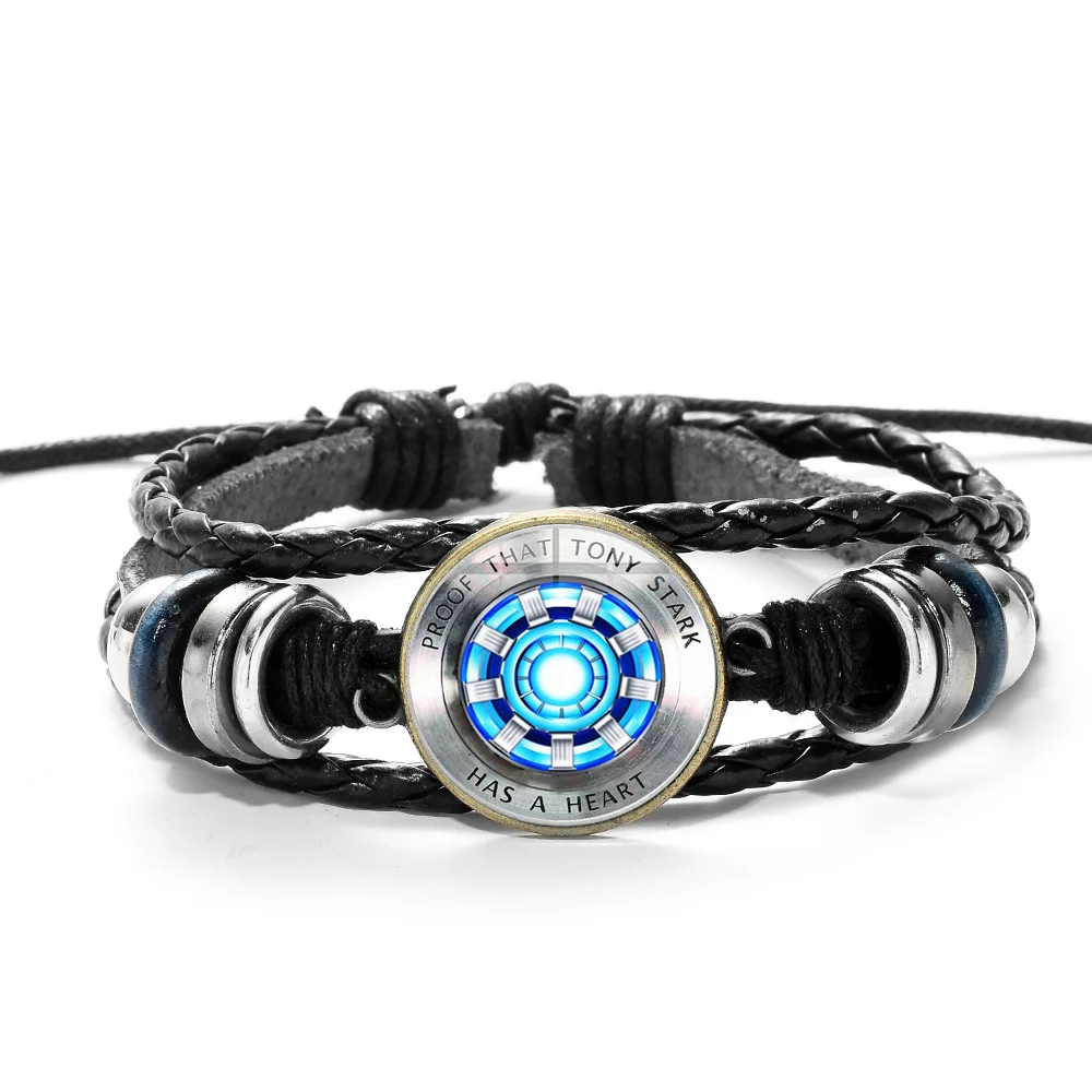The Avengers Action Figure 3D Marvel bracciale in pelle Iron Man Tony Stark Arc reattore stampato gemma di vetro braccialetto di fascino giocattoli