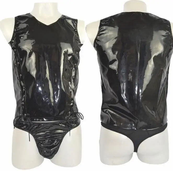 Confortevole Sexy maschile faux DELL'UNITÀ di elaborazione di cuoio Della biancheria intima Della Maglia carro armato del mens costume di prestazione Della Fase