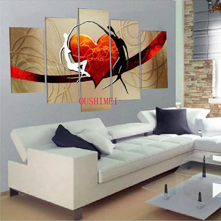 Hand Painted 5 Pcs Red Heart Picture On Canvas Lover Dancer Oil Painting For Living Rroom Wall Art Free Shipping Pictures Art