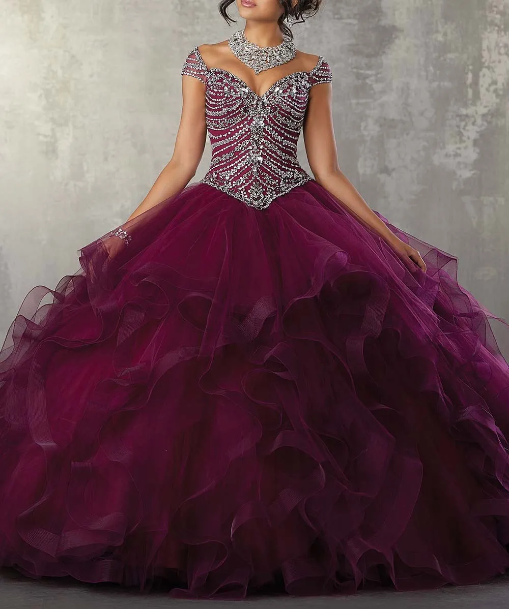 JaneVini 2019 elegancki granatowy niebieskie sukienki quinceanera suknie balowe z dekoltem w kształcie litery V ciężkie koraliki Ruffles Puffy Tulle księżniczka suknie Vestidos 15