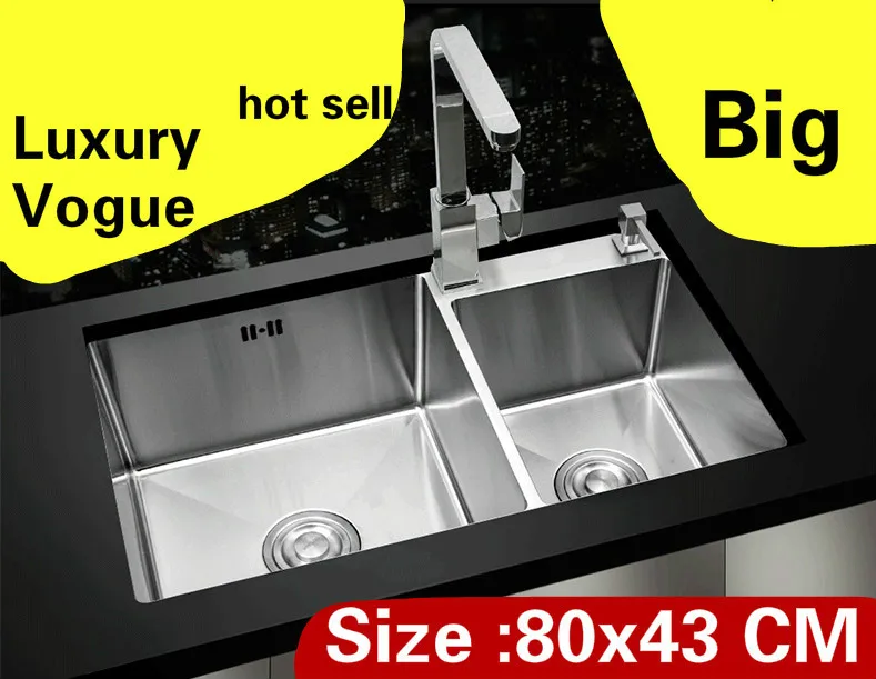 

Free shipping Apartment wash vegetables kitchen manual sink double groove luxury 304 stainless steel hot sell big 80x43 CM