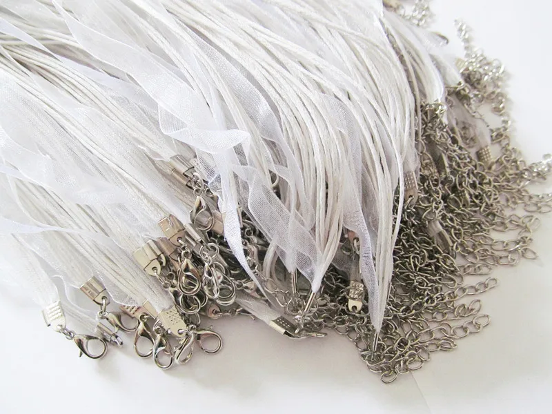 Free Shipping 100pcs 18inch White Organza Ribbon Wax Cotton Necklace Cord String,Extender Chain,Lobster Clasp,DIY Accessory