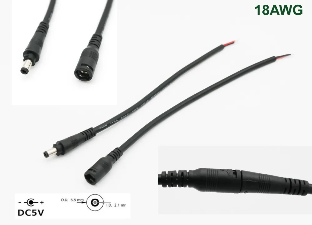 Cabo de extensão de energia dc, 5.5mm x 2.1mm macho + fêmea, conector de plugue, cabo com bloqueio para tira led 18awg 10a