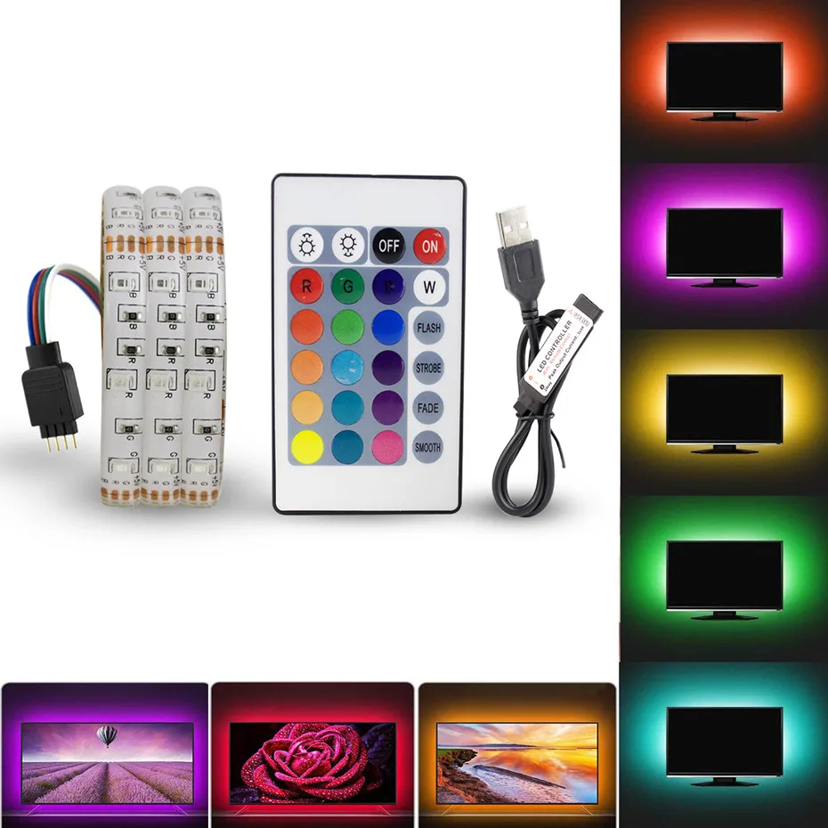 

DC 5V USB LED Strip Light 3528 RGB Waterproof 0.5M 1M 2M 3M 4M 5M 60LED/M RGB Led Strip Tape Lamp Diode Flexible TV Backlight