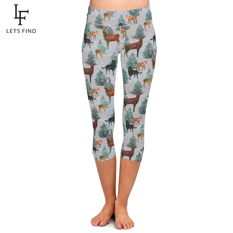 

LETSFIND Summer New Design Women Capri Leggings High Waist 3D Milu Deer&fox&dog Print Mid-Calf 3/4 Trousers Movement Leggings