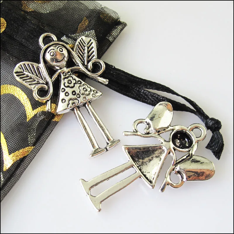 10Pcs Antiqued Silver Color Angel Wings Charms Pendants 24x36.5mm