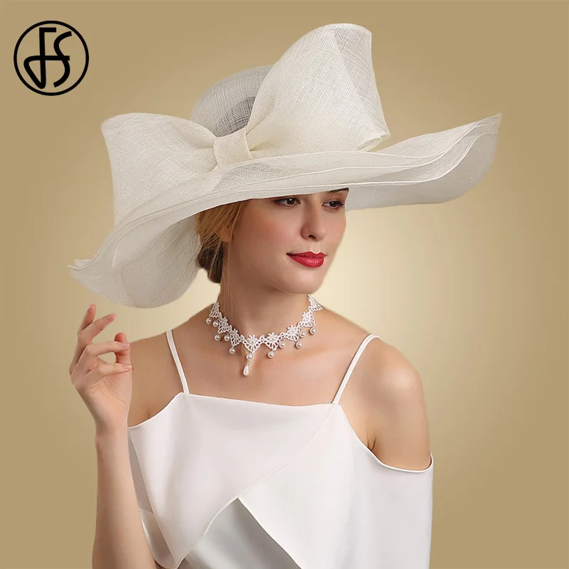 FS eleganckie czarno-białe stroiki do włosów na wesele kościół Sinamay kapelusze z Big Bowknot Kentucky Derby Hat Fedora spotkanie przy herbacie