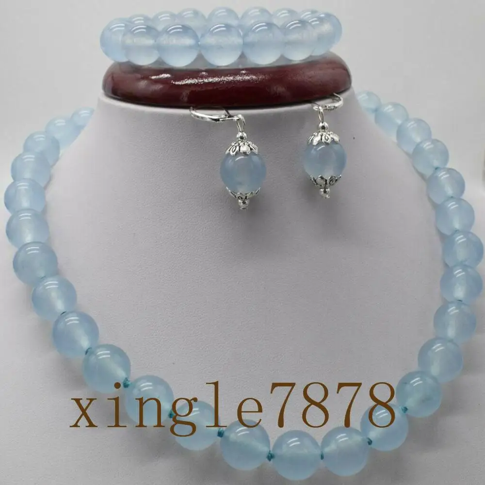 Natural 10mm Blue Aquamarine Gemstone Round Beads Bracelet Earrings Necklace Set