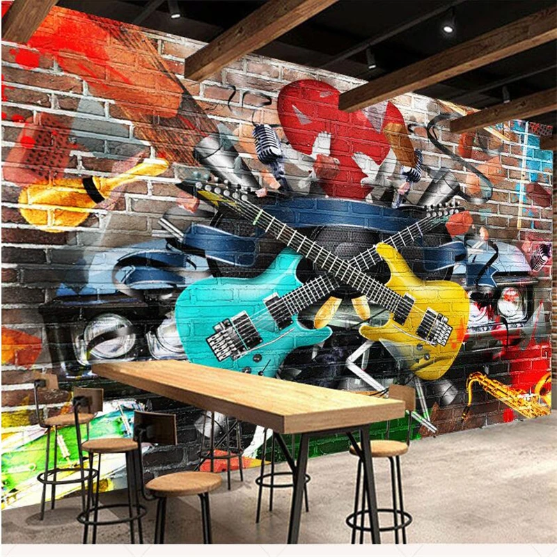 

wellyu papel de parede para quarto Custom wallpaper 3D Stereo Brick Wall Graffiti Guitar Bar KTV Mural Background Wall