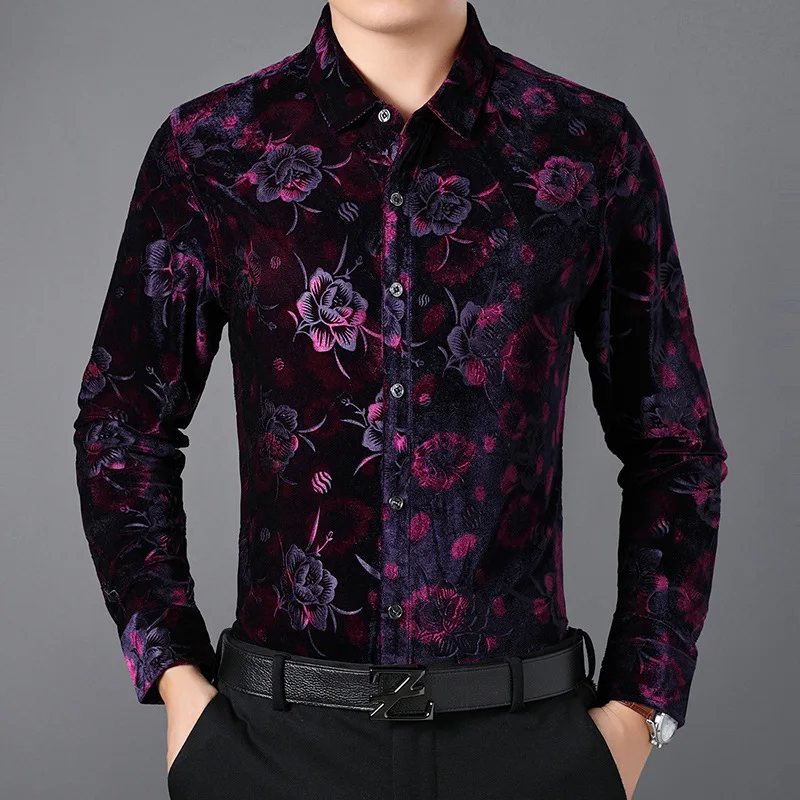 Beautiful Flower Luxury Shirts For Men Fashion Casual Long Sleeved Autumn High Quality Velvet Soft Comfortable Camisas De Hombre