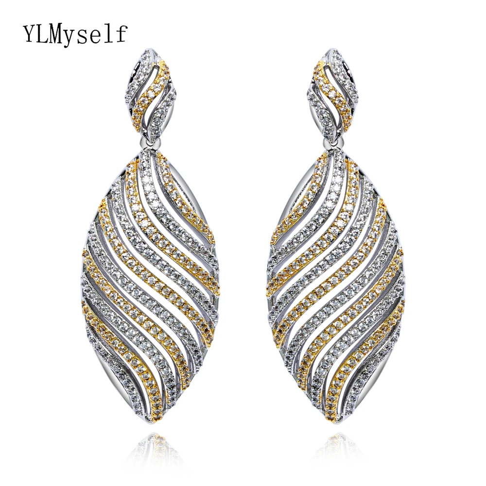 

Long Drop Earrings Leaf Jewellery Wedding Party Jewelry White 2 Tone Plated Zircon Long Earrings for women