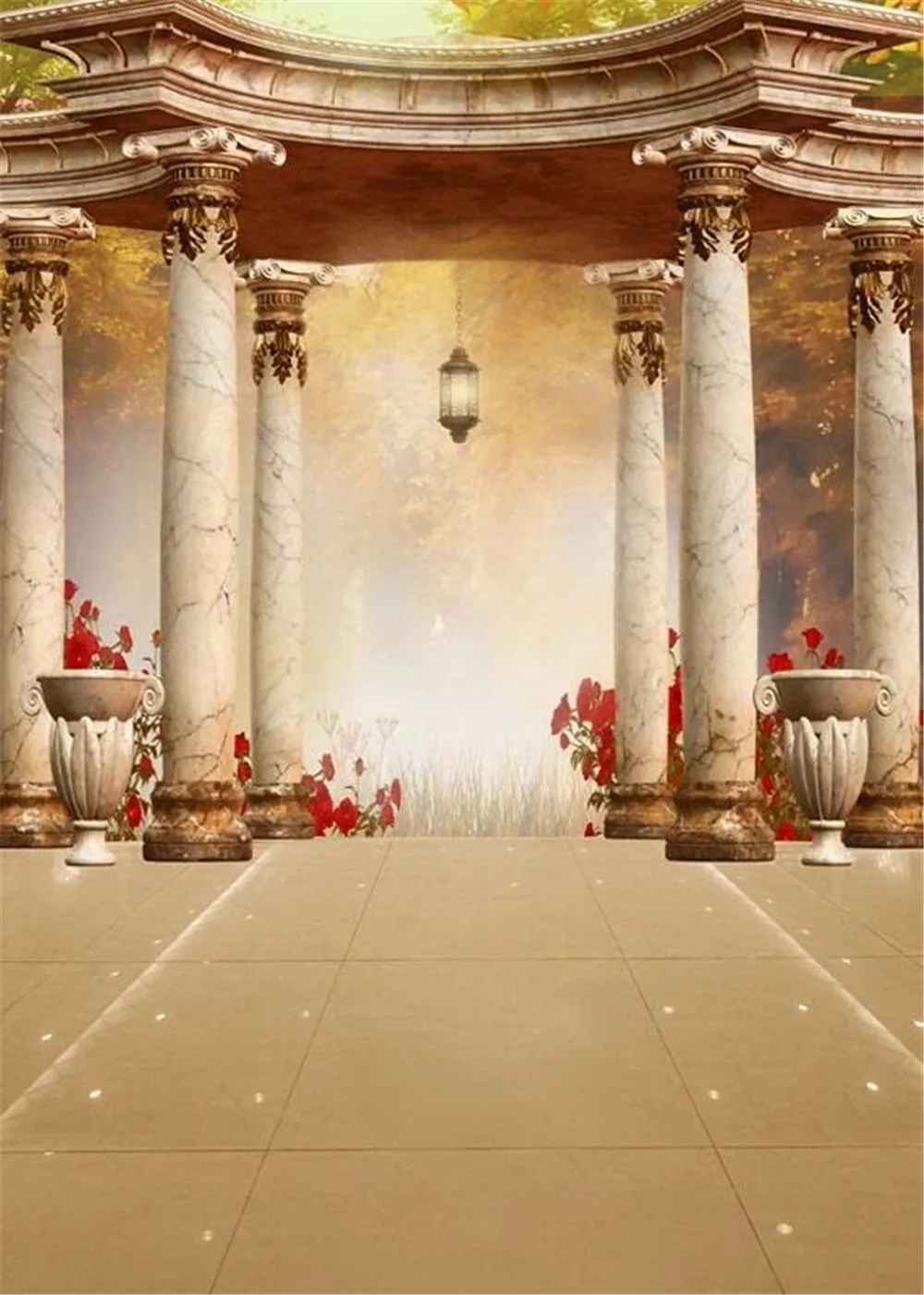 Vintage Pavilion Stone Pillars Garden Wedding Photo Background Printed Red Flowers Nature Scenic Fantasy Photography Backdrops