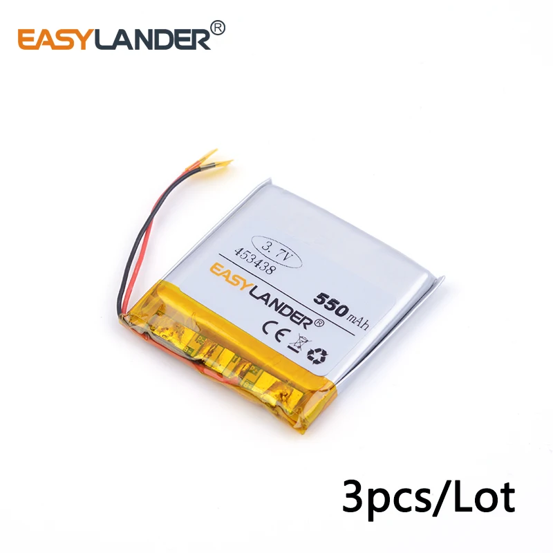 Batería recargable de polímero de litio para Mp3, GPS, PSP PAD, teléfono, cámara, DVD, 453438, 550mAh, 3,7 V, 3 unidades por lote