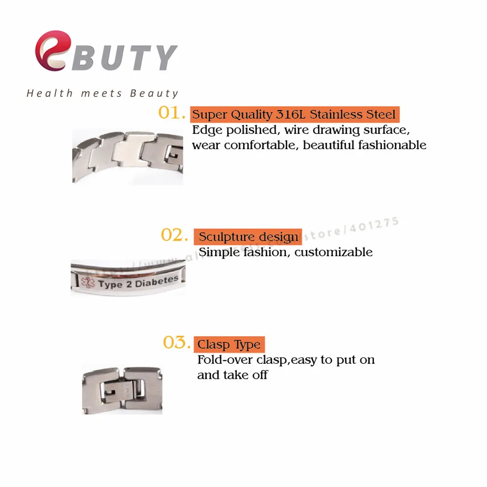 EBUTY typ 2 bransoletki z cukrzycą moda męska biżuteria ze stali nierdzewnej zdrowie z pudełkiem