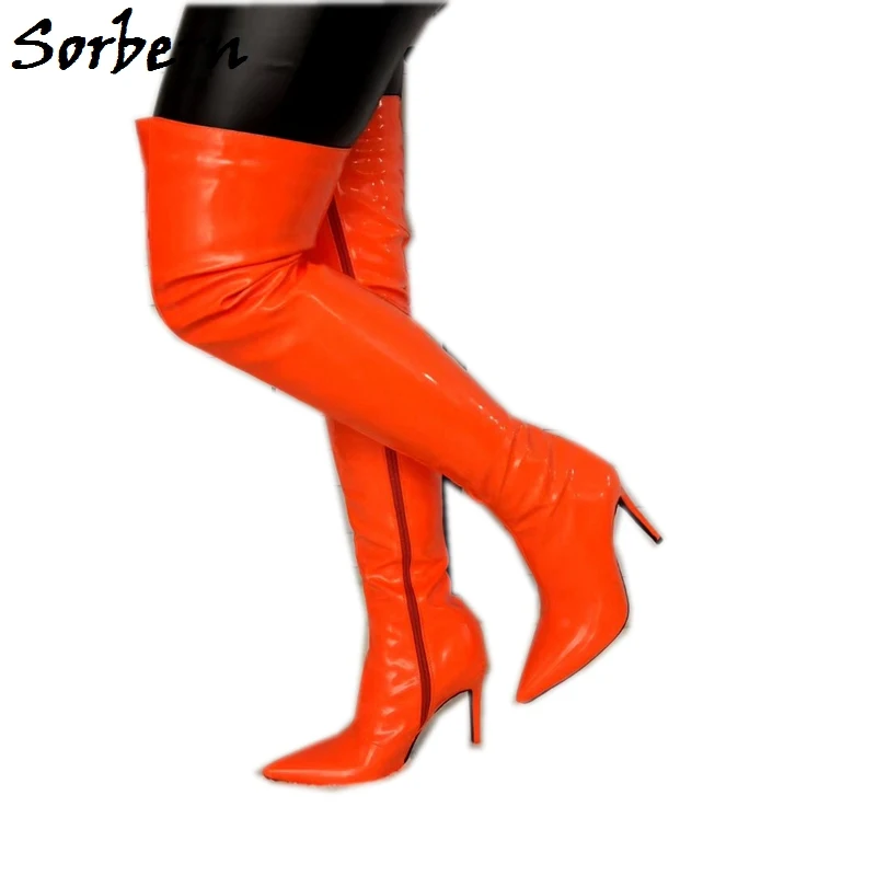 

Sorbern Orange Women Boots Over The Knee High Heel Boots Pointed Toe Custom Shaft Length Width Thigh High Ladies Booties New