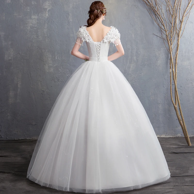 Robe De mariée Simple et élégante en dentelle, motif De fleurs 3D, col en v, manches bouffantes, en Tulle, grande taille