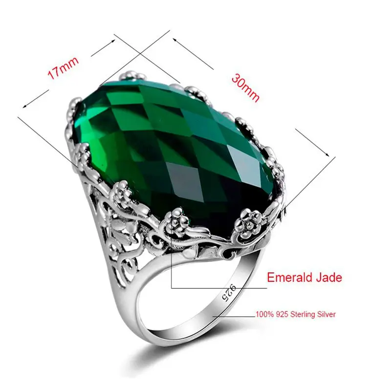 Russian Green Stone Crystal Ring Big Stone Flower Pattern Pure 925 Solid Sterling Silver Ring For Woman Classic Vintage Jewelry