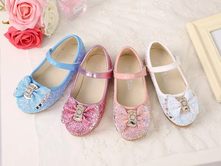 Flat with Princess Girls Shoes For Children Leather Shoes Kids Girls Glitter Bow Knot Microfiber White Pink Red Blue shoe