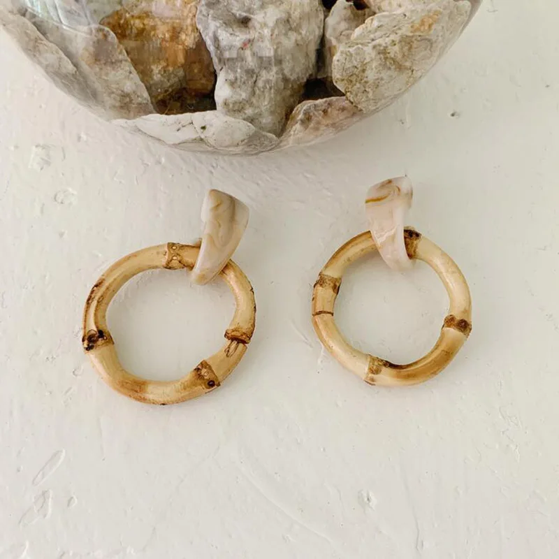 2019 New Large Round Pendant Drop Earrings Exquisite Natural Bamboo Exaggerated Circle Statement Earrings For Women Jewelry Gift