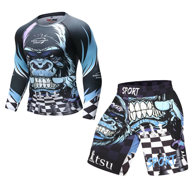 Guantoni da boxe di Compressione Set Pantaloni in Jersey di 3D orangutan Stampa Rashguard KickBoxing Stretto T-Shirt Pantaloni Muay Thai MMA