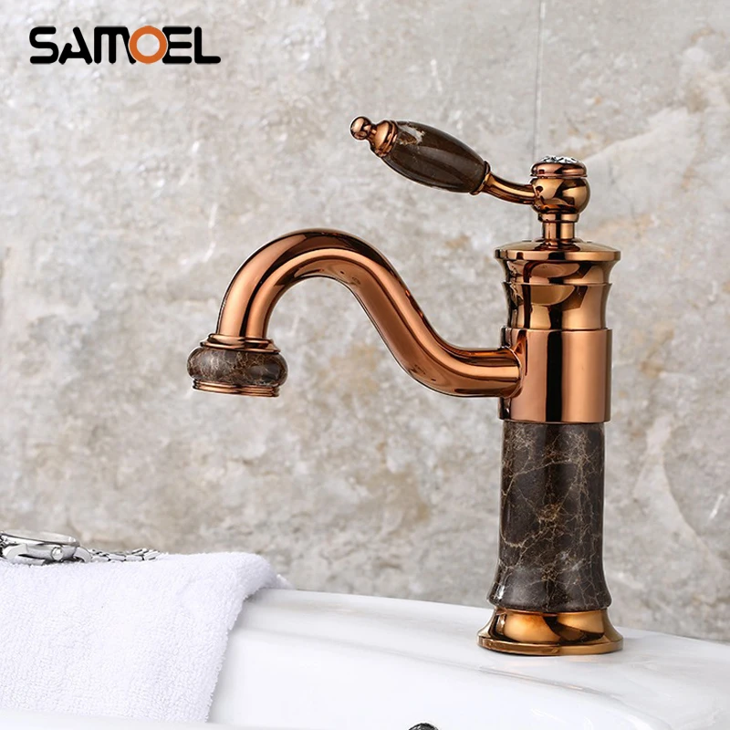 Samoel Rose Gold Marble Faucets Mixer Taps for Bathroom Deck Mount Brass Lavatory Basin Cold and Hot Water Tap M1034