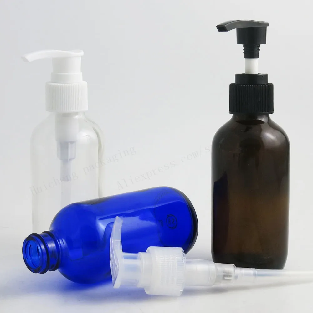 

200 x 120ml Large Refillable 4oz Cobalt Blue Dark Amber Clear Glass Bottle With Black Lotion Pump Glass Liquied Glass Container