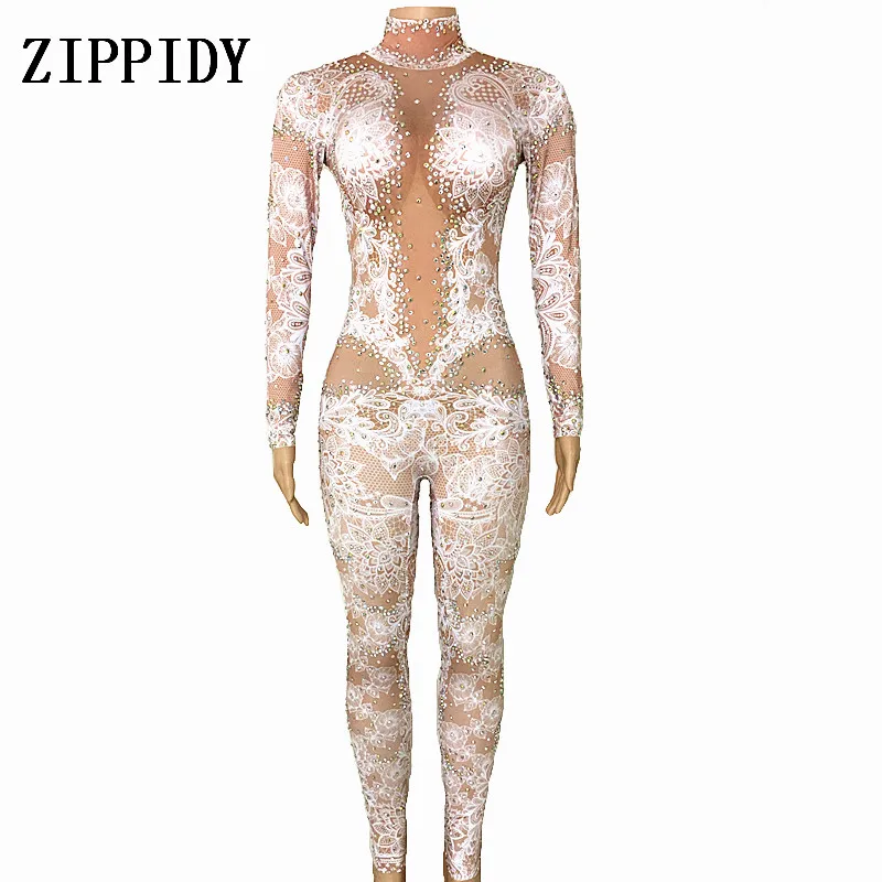 Fashion Rhinestones Jumpsuit Leggings Stretch Sexy Costume Women Nightclub Party Wear Dance Bodysuit Fashion Rompers