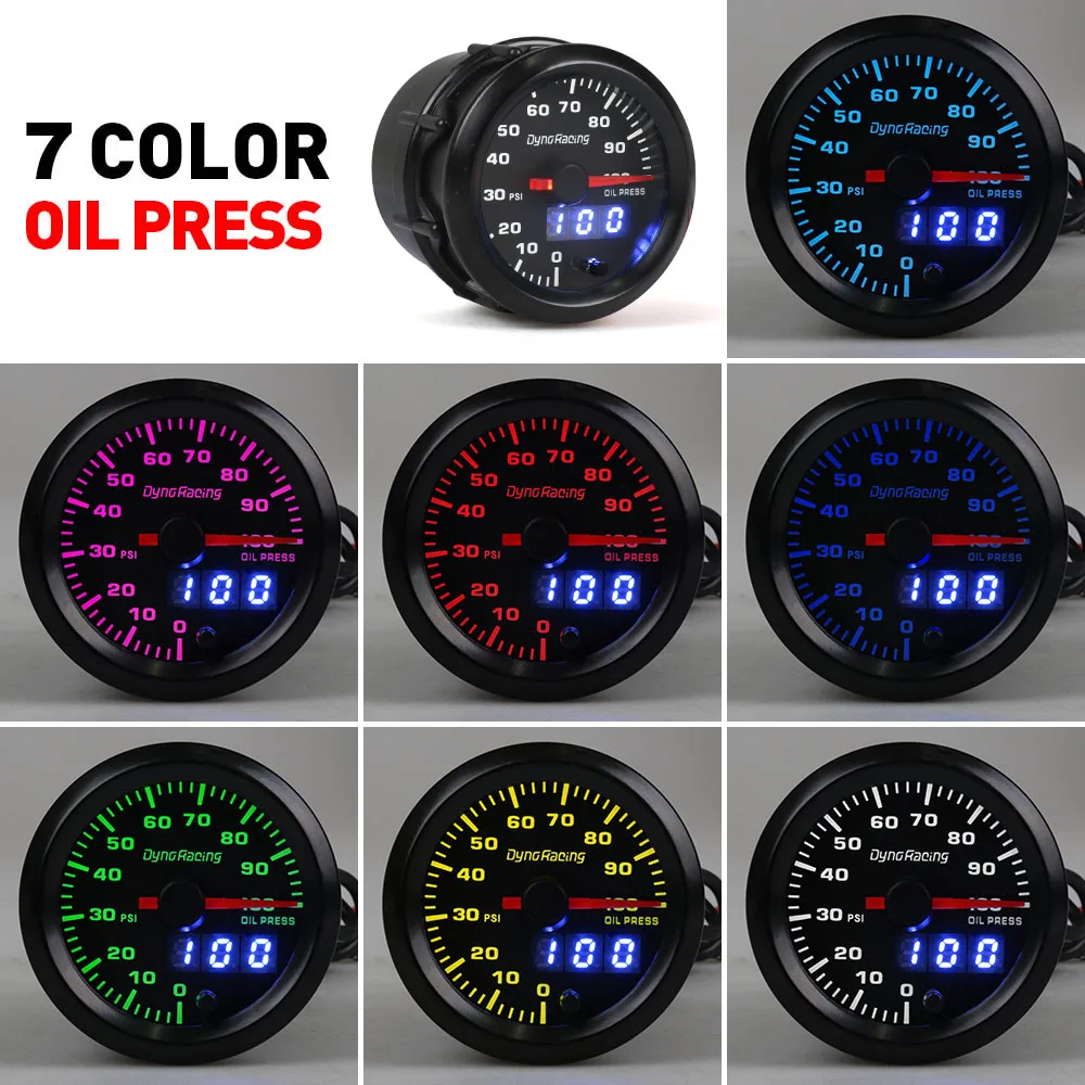 Dynoracing Dual Display 52MM 7 Colors Oil pressure gauge 0-100PSI Oil press gauge with stepper motor