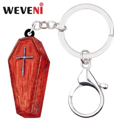WEVENI Acrylic Halloween Red Coffin Casket Key Chain Pendant Ring Unique Punk Jewelry For Women Girls Bag Car Wallet Charms Gift