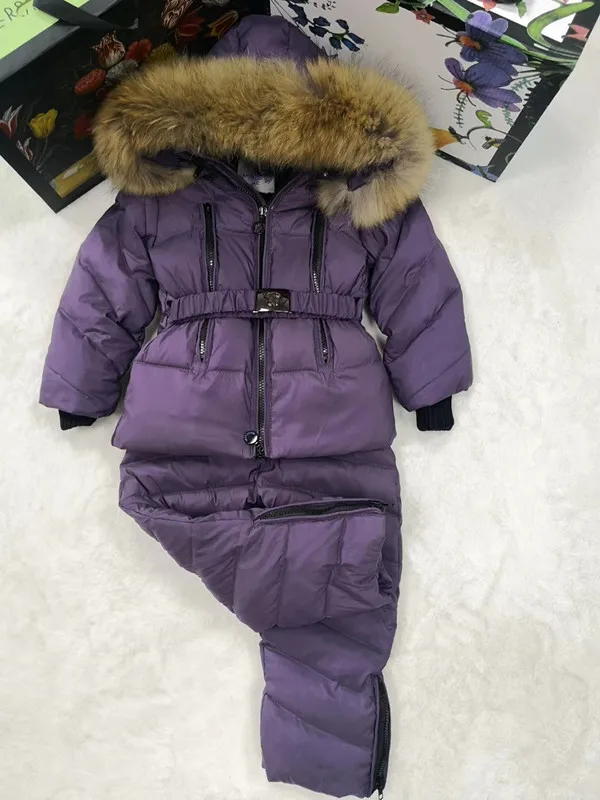 80cm -140cm 2021 Winter Jacket Children down jackets & PANT duck down Fur hooded girl snowsuit boy Suit set outerwear ski suit