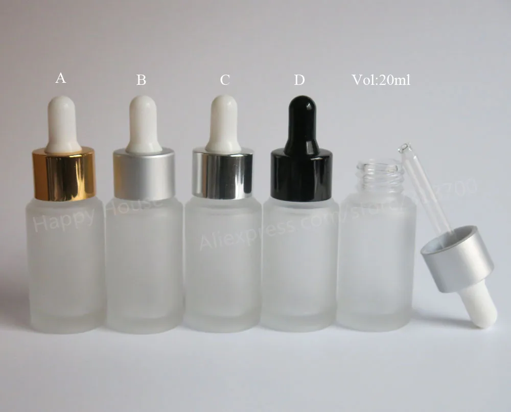 12pcs/lot 20ml Frosted Glass Essential Oil Dropper Serum Bottle Concealer With Glod Silver Black Cover Lid