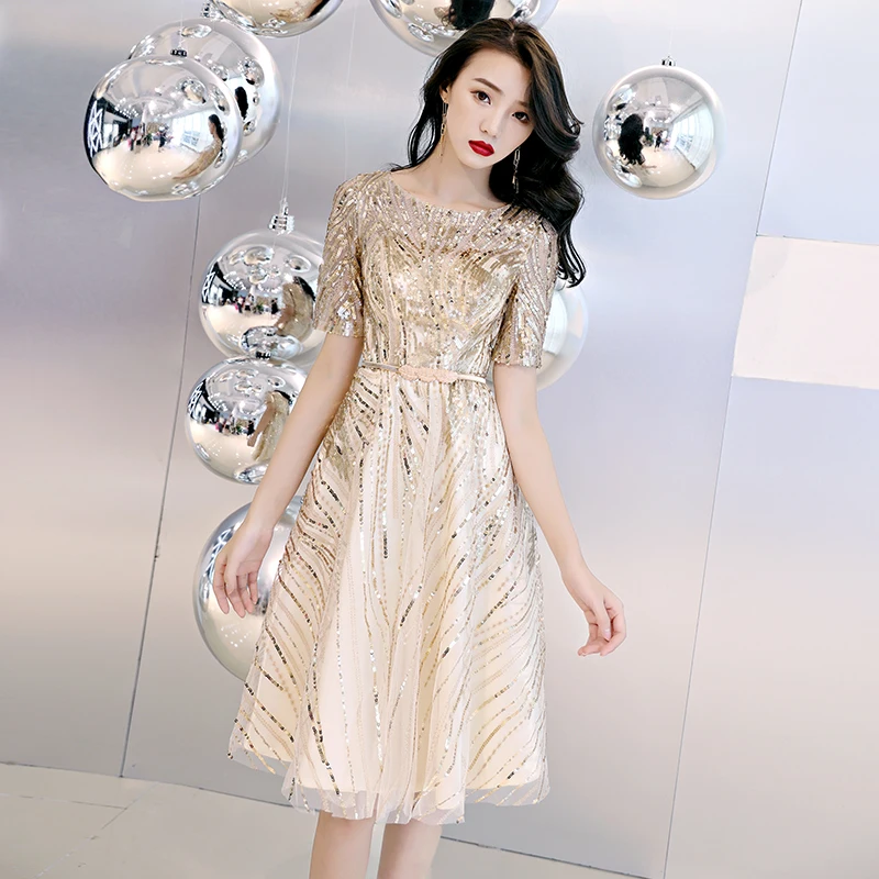 Customized Hot Sales Short Sleeve Champagne Fashion Designer Lace Elegant Cocktail Gowns Cocktail Dress WY873