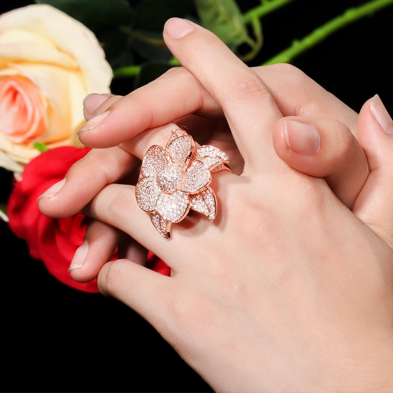 CWWZircons Luxury Flower Leaf Micro Pave Cubic Zirconia Stone Big Rose Gold Color Bridal Wedding Party Finger Rings Jewelry R124