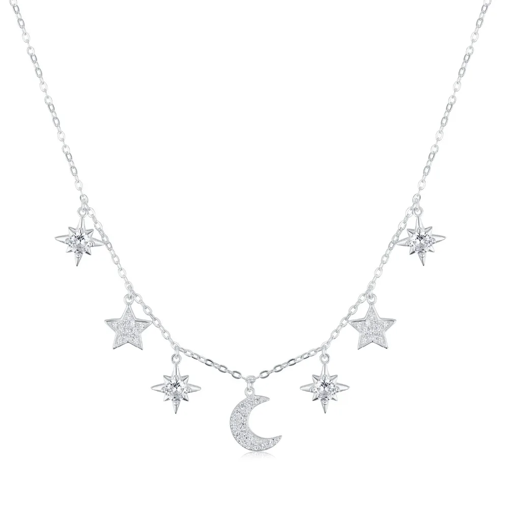 New Fashion Drop Star and Moon Choker Necklace Gold Star Moon Necklace 925 Sterling Silver For Women collar collier ras du cou