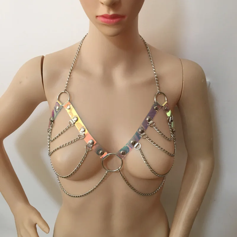 ใหม่ Handmade เซ็กซี่ Punk Gothic โลหะ Holographic Bra Top สายรัดสายรุ้ง PVC Bondage เข็มขัดสำหรับสตรี