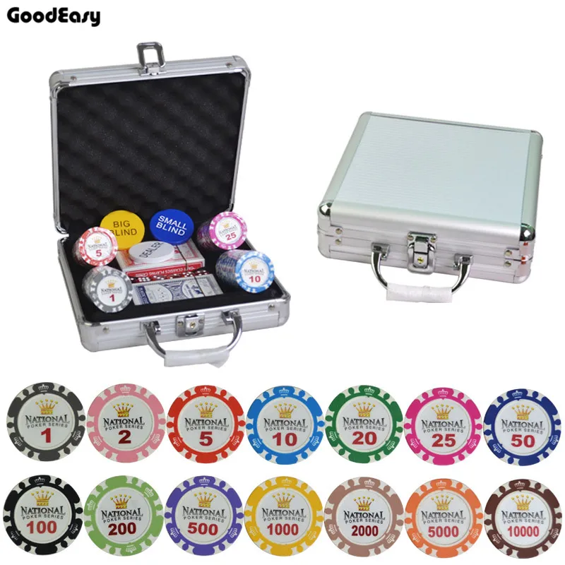 

100-500PCS/SET 14g/PCS Clay Gold Crown Poker Chips Sets Casino Chips Texas Hold'em Poker Sets With Metal Box Aluminum Case