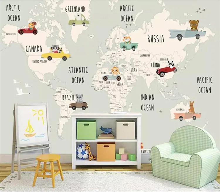 

Custom children room background wall 3d wallpaper cartoon world map animal background murals wallpaper for walls 3 d