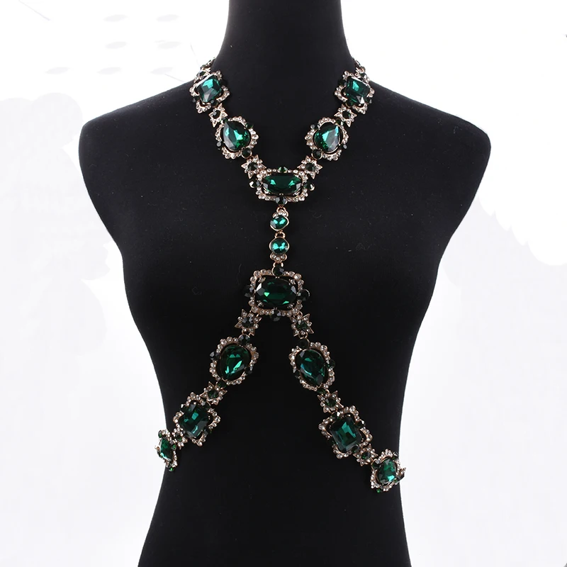 Fashion Green Red Clear Big Glass Waist Chains Body Chains Necklace Women Indian Statement Crystal Rhinestone Necklace Jewelry