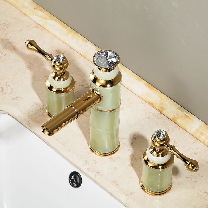 Luxury Gold Brass Natural jade Bathroom Sink Faucet Golden Art Basin Mixer Taps Three holes Lavatory Faucet,Gold Finish--SM525