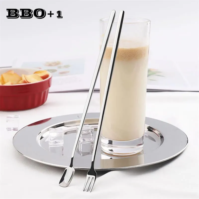 6pcs Stainless Steel Korean Fruit Forks Long Handle Salad Spoon Dessert Cocktail Fork Teaspoon Three Time Serving Pickle Fork