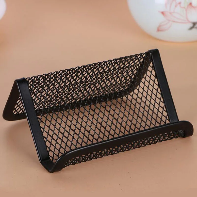 100Pcs Metal Mesh Desktop Collection Business Card Name Card Holder Office Stationery Memo Organizer Stand Black 98 x 80 x 40mm