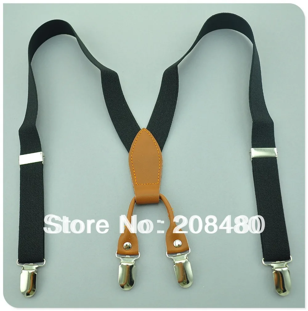 Gratis Pengiriman-Y Kulit Asli Asli 2.5 Cm "Hitam" Anak-anak Suspender Anak Laki-laki/Perempuan Suspender Elastis kawat Gigi 4 Baik Klip Suspender