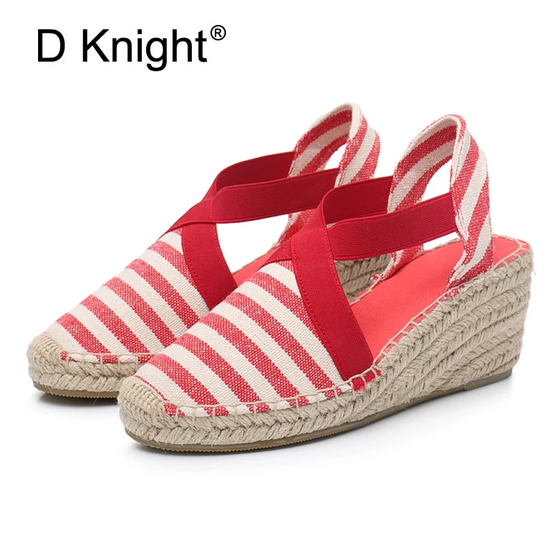 Summer Striped Platform Sandals Wedges Shoes For Women Hemp Rope Bottom Women\'s Espadrilles High Heels Slip On Canvas Fisherman