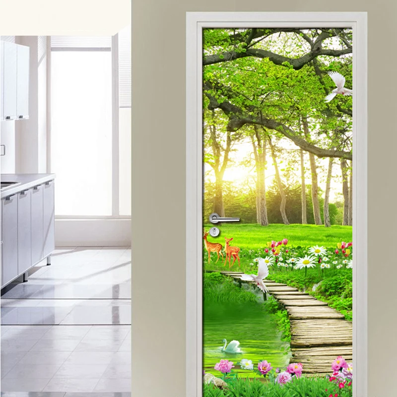 3D Green Forest Natural Landscape Door Stickers DIY Mural Bedroom Door Wall Paper Decor Poster PVC Waterproof Wall Sticker Decal