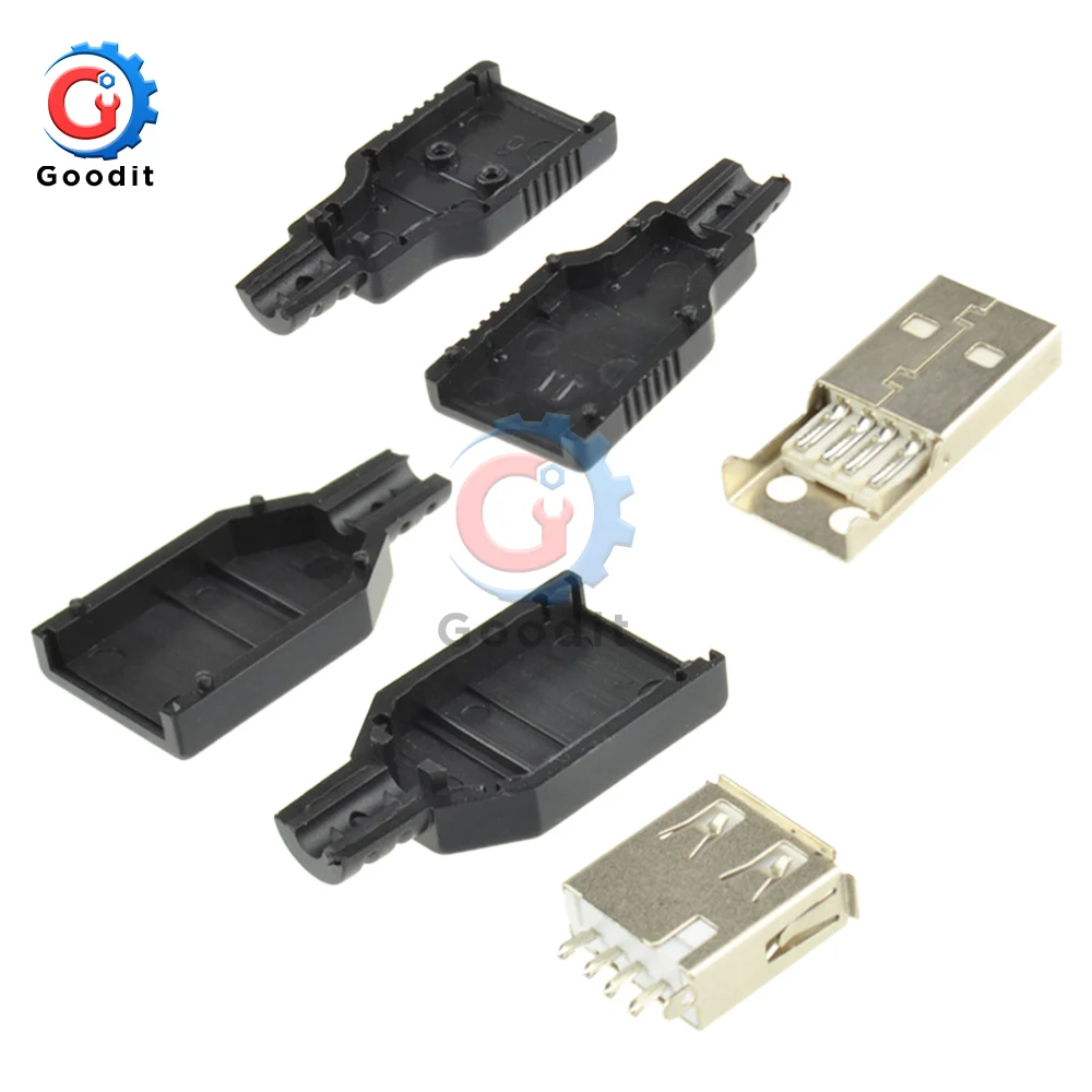 USB 2.0 A 타입 수컷 암컷 USB 4 핀 플러그 소켓 커넥터, 블랙 플라스틱 커버, A 타입 DIY 키트, 10 개