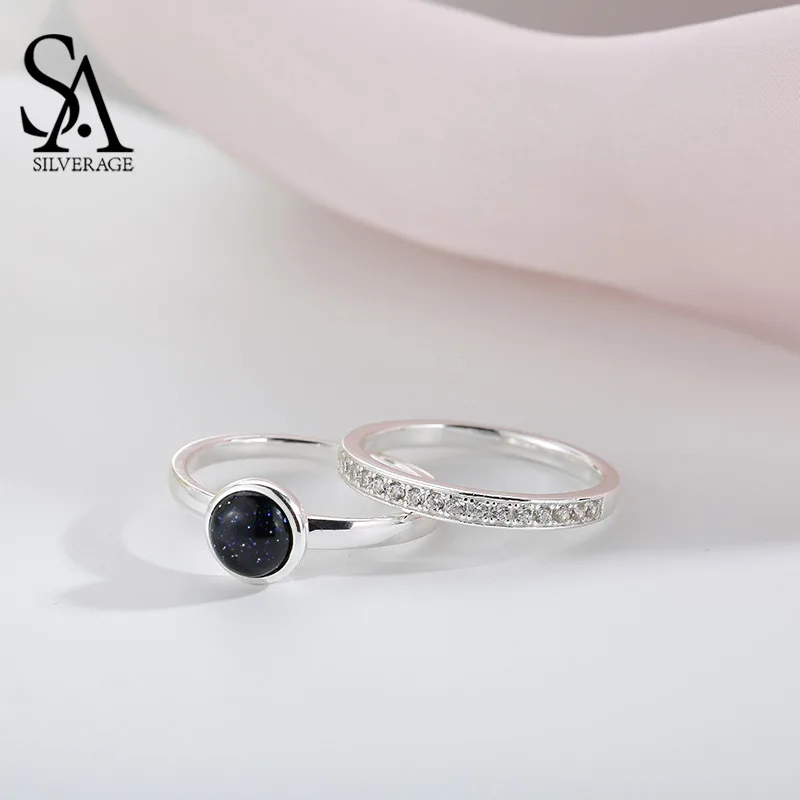 

SA SILVERAGE Party Round Real 925 Sterling Planet Double Ring Aneis Anel Feminino Sets For Women Fine Jewelry Silver Rings