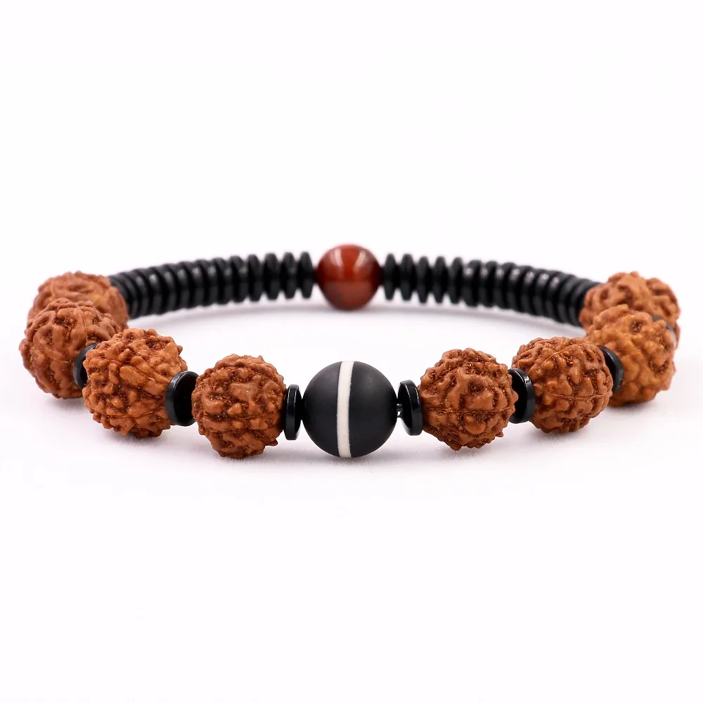 Natural 10mm Rudraksha Beads Tibetan Unisex Red Tiger\'s Eye Yoga Meditation Ethnic Macrame Bracelet For Women and Men